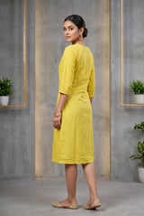 Two-Tone Plain Round Neck Kurti with Front Buttons and 3/4 Sleeves for Women - Lime Yellow