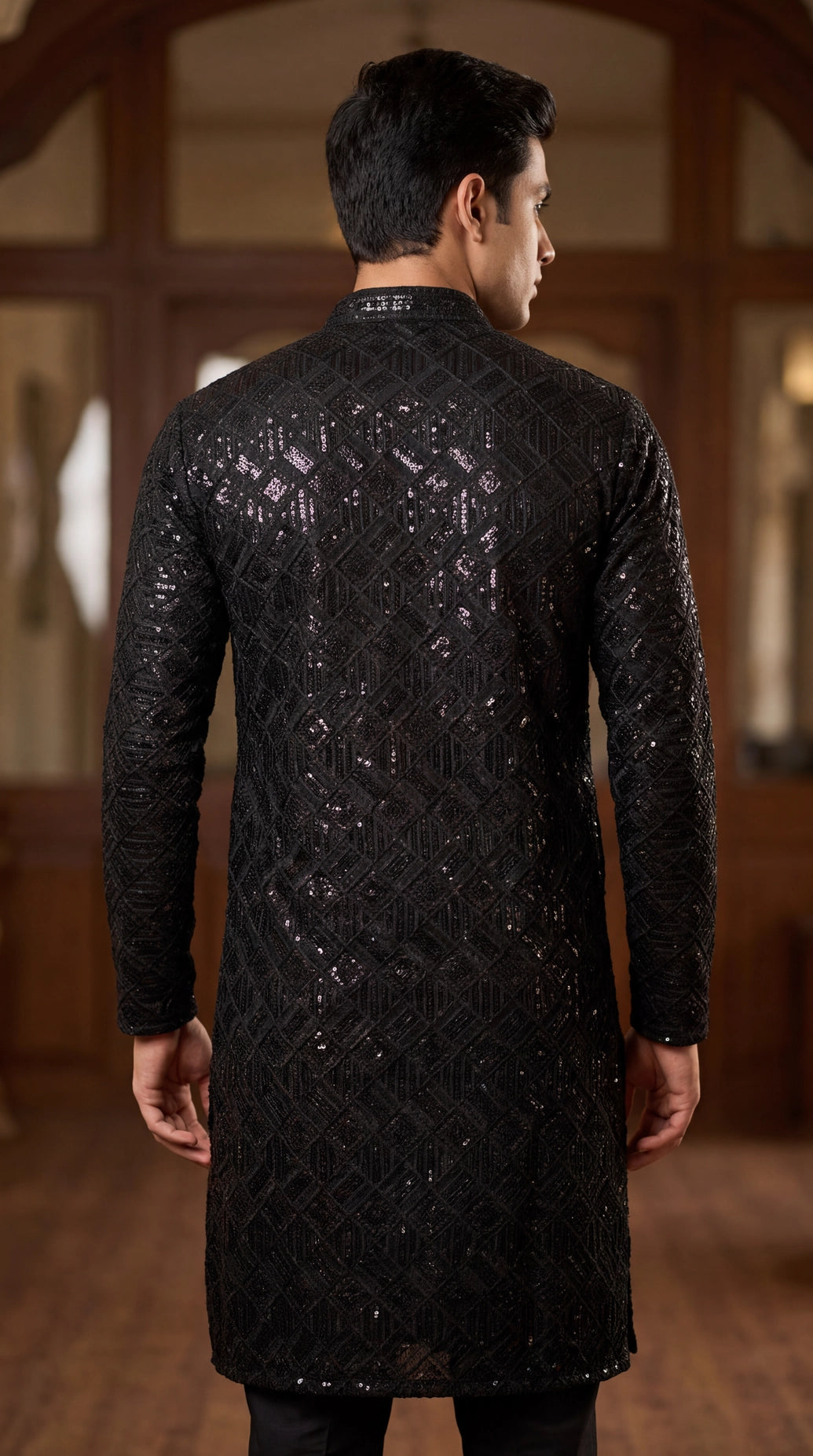 Men’s Black Chikankari Cotton Kurta with Sequin Embroidery by Pareek