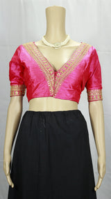 Pink Readymade Designer Padded Blouse with V-Neck Gold Zari & Sequin Work, Elbow Sleeves, Back Knot