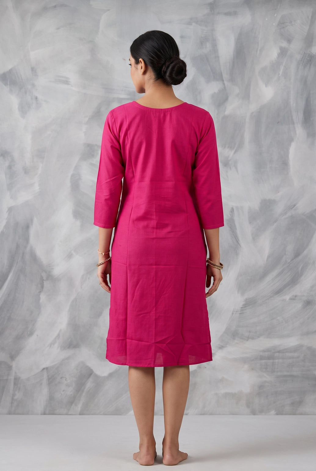 Pink Two-Tone Printed Straight Kurti with Round Neck, 3/4 Sleeves and Front Button Detail