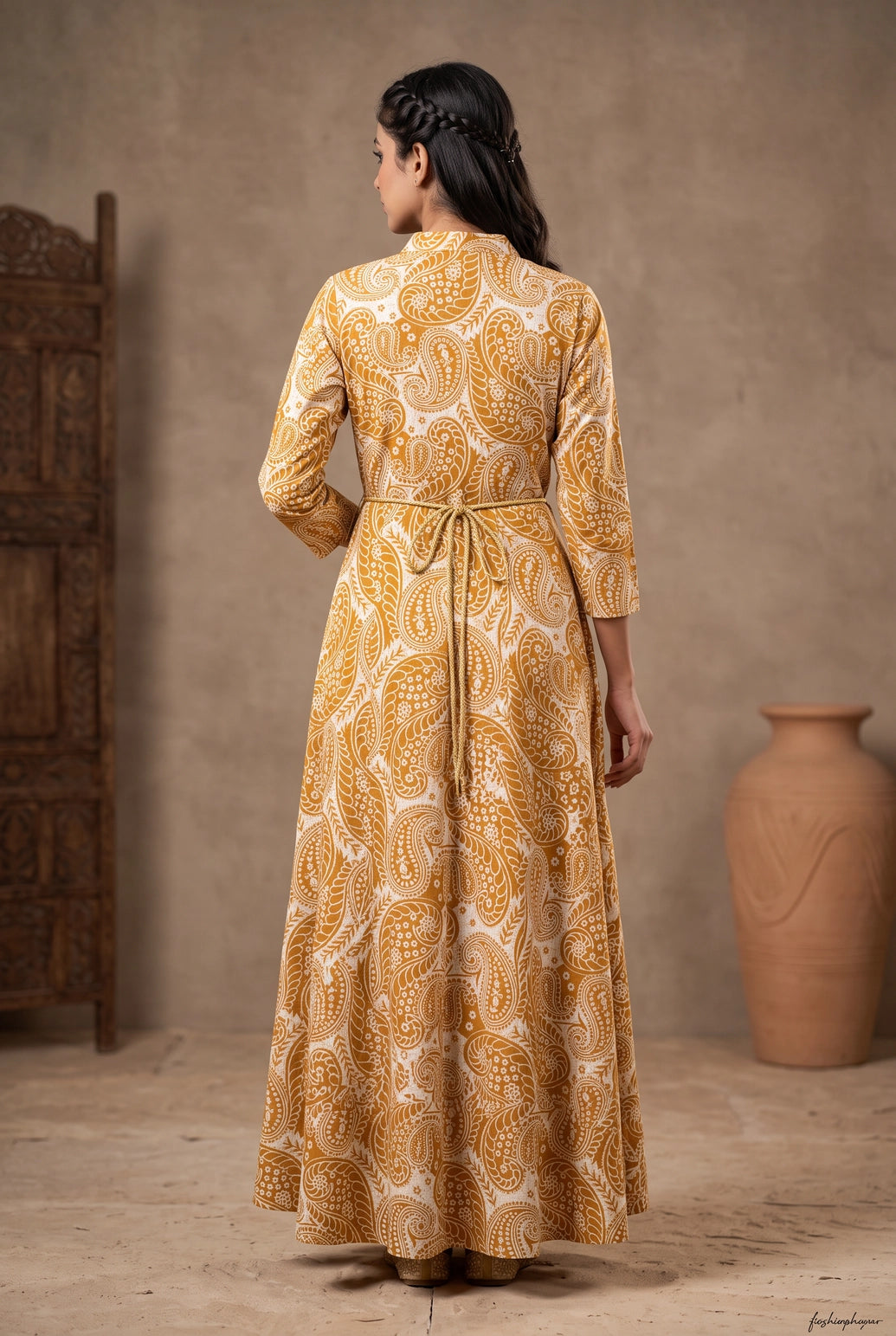 Orange Cotton Anarkali Kurti with Geometric & Floral Print and Silver Sequin Stripe, Dori Design for Women
