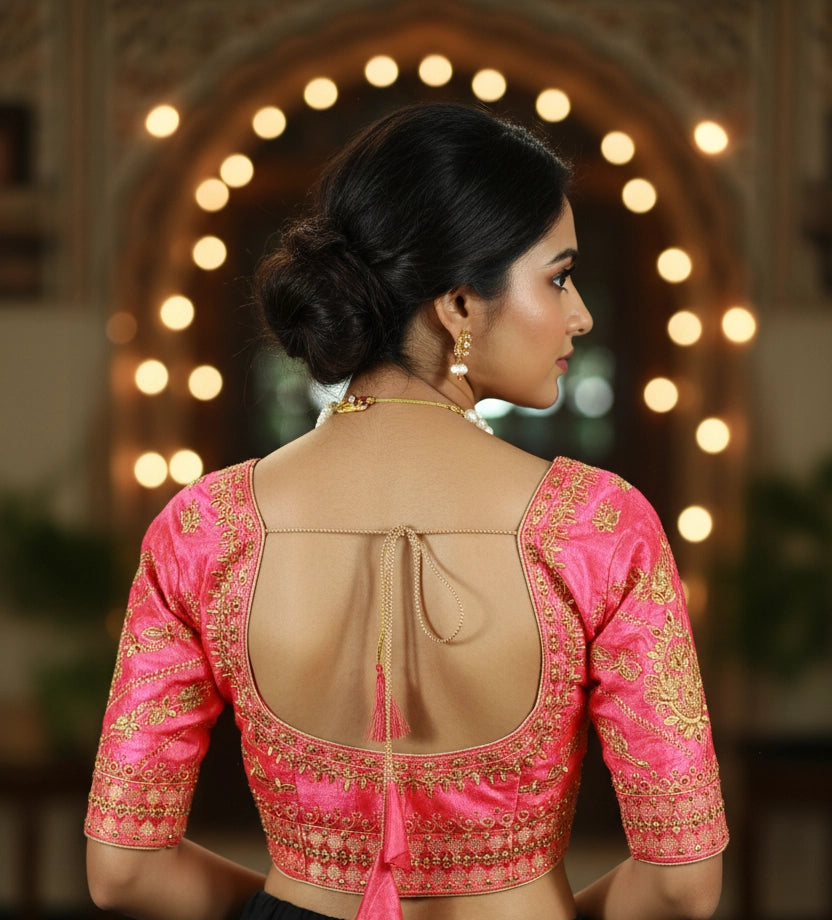 Rani Pink Zari Floral Butta Padded Designer Blouse with U-Shape Neck and Elbow Sleeves