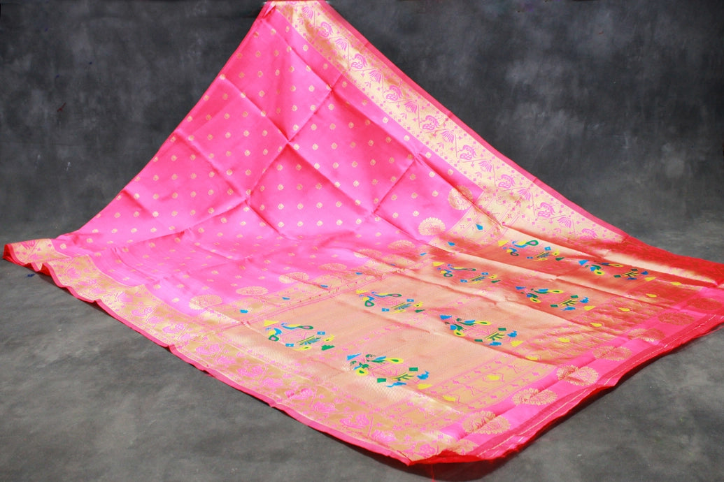 Bright Pink Paithani Pure Silk Saree with Zari Woven Peacock Pallu and Designer Border