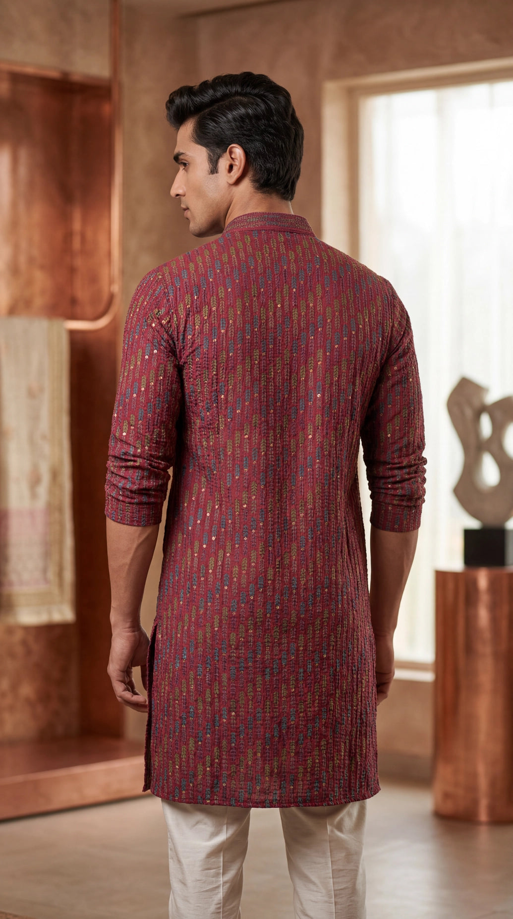 Men's Red Cotton Kurta with Multicolor Embroidery and Gold Sequin Work (Pareek)