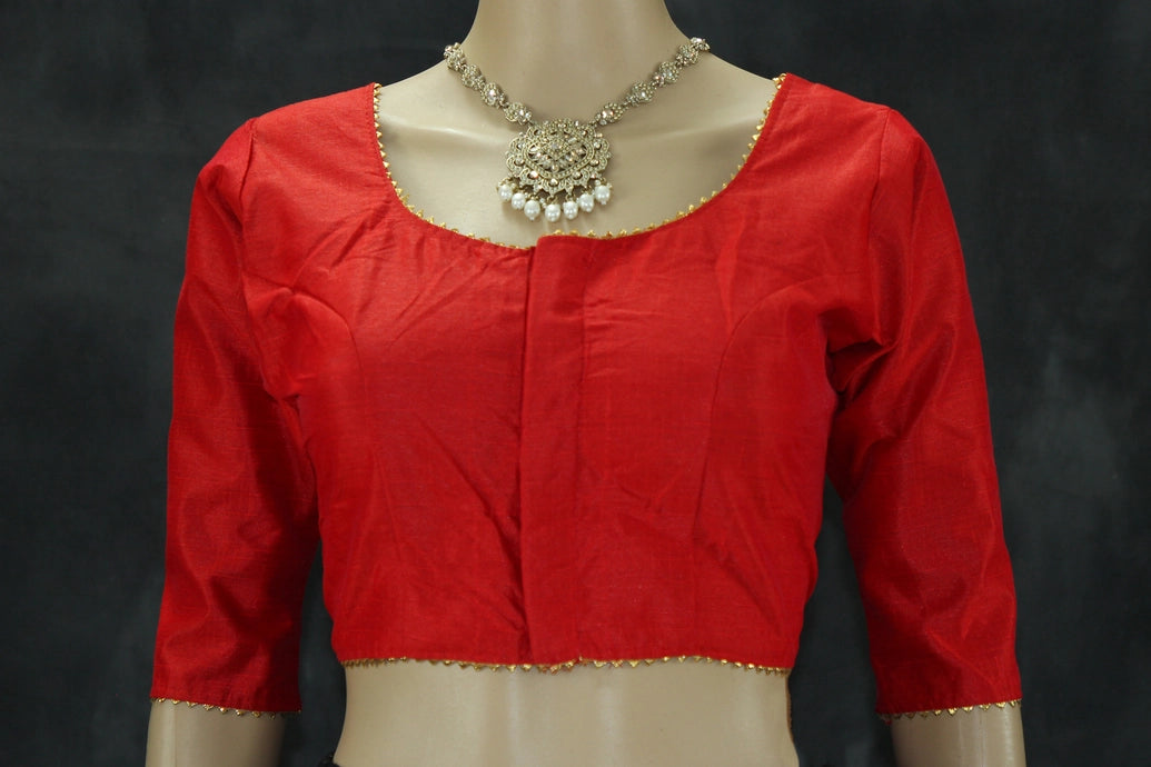 Red Raw Silk Padded Designer Blouse - Readymade Elbow Sleeve with Back Knot Blouse JCS Fashions