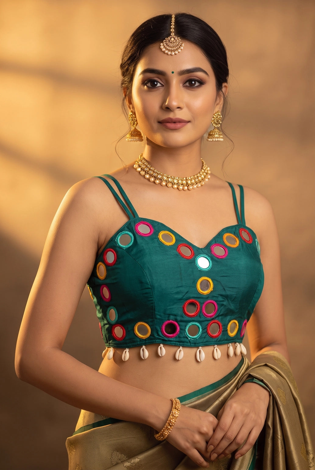 Navratri Mirror-Work Cowrie-Border Sleeveless Sweetheart Neck Blouse for Women in Embellished Finish