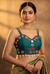 Navratri Mirror-Work Cowrie-Border Sleeveless Sweetheart Neck Blouse for Women in Embellished Finish