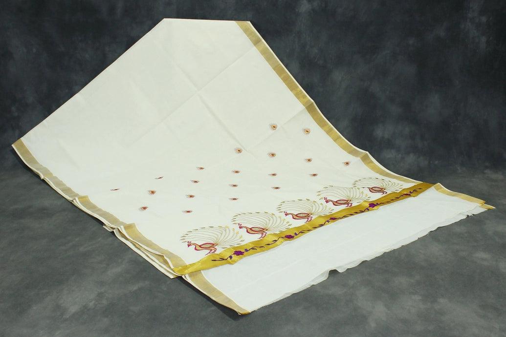 Pure Kerala Cotton White Saree with Gold Zari Peacock Embroidery