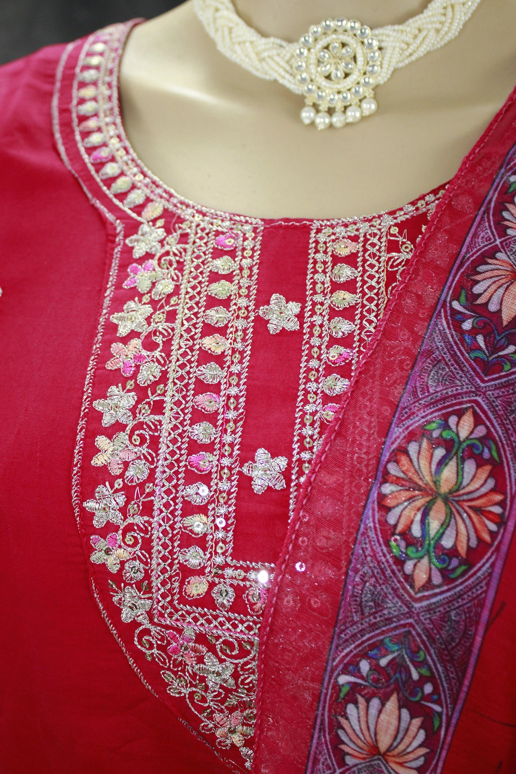 Dark Pink Roman Silk 3-Piece Kurti Set with Organza Floral Dupatta and Embroidered Neck