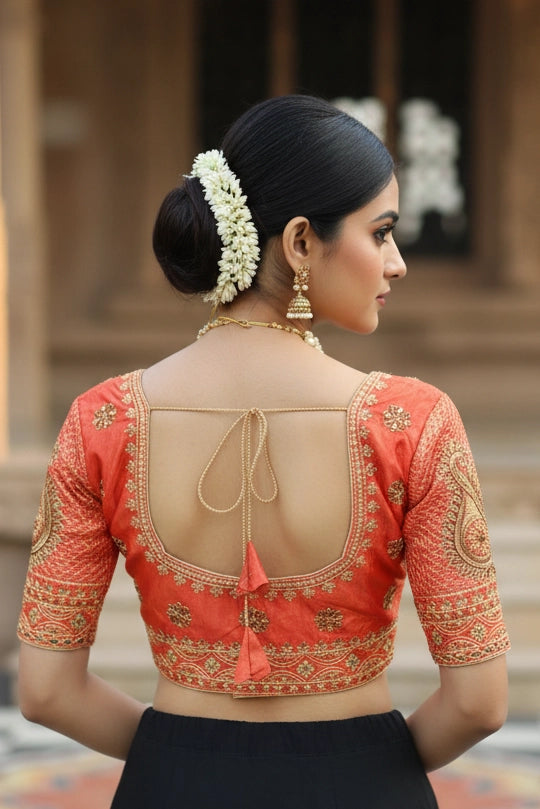 Orange Readymade Designer Padded Blouse with Zari Floral Butta, U-Neck, Elbow Sleeve & Back Knot