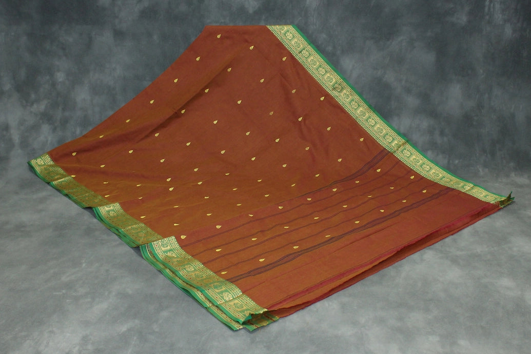 Chocolate Brown Poly Cotton Saree with Green Thread Border and Gold Butta Saree JCS Fashions