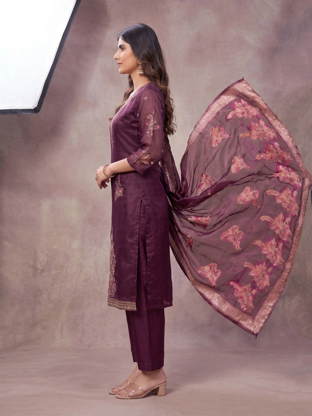 Purple Jacquard Bead Work Kurti Pant Set with Elastic & Dupatta for Women
