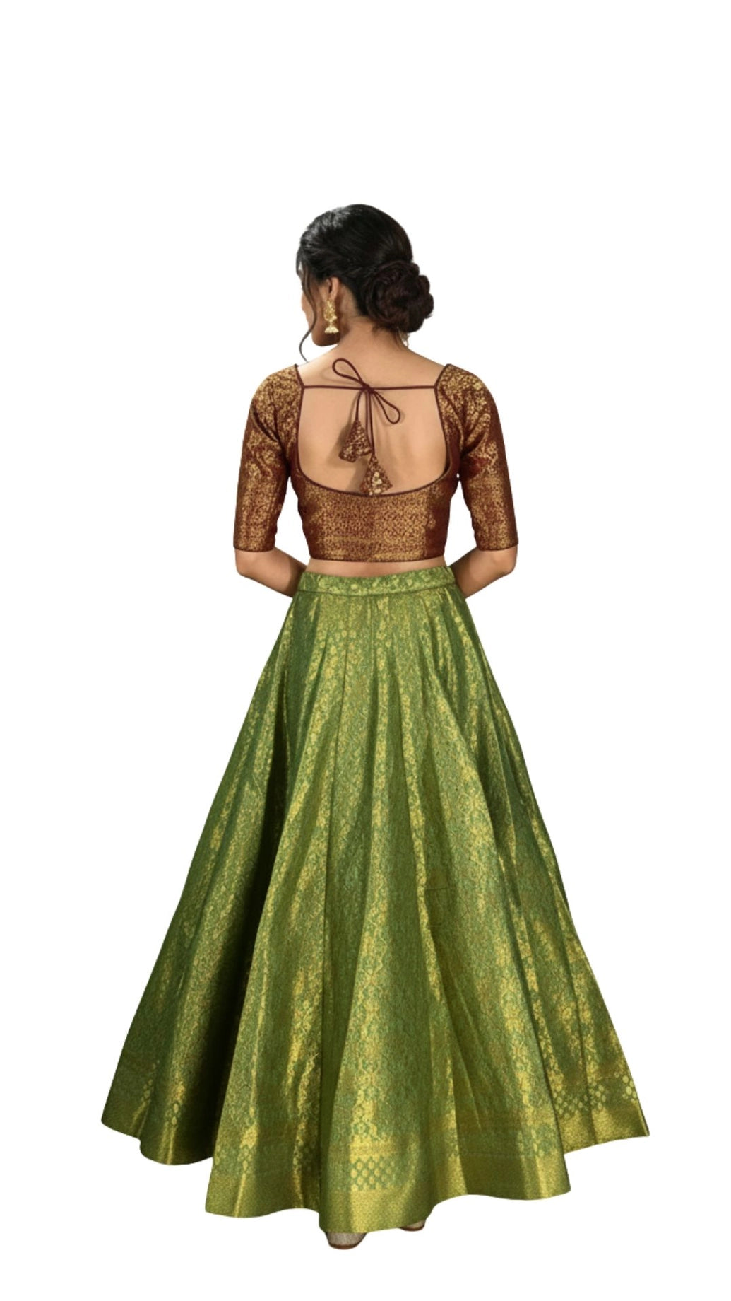 Mehendi Green Jacquard Silk Lehenga with Contrast Maroon Zari Woven Blouse and Flared Skirt