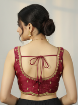 Maroon Readymade Padded Saree Blouse with Sequin Floral Motifs, Sleeveless Back Knot, Designer Stitching