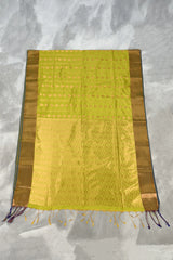 Lime Green Korvai Soft Silk Saree with Delicate Gold Zari Buttas and Traditional Floral Border