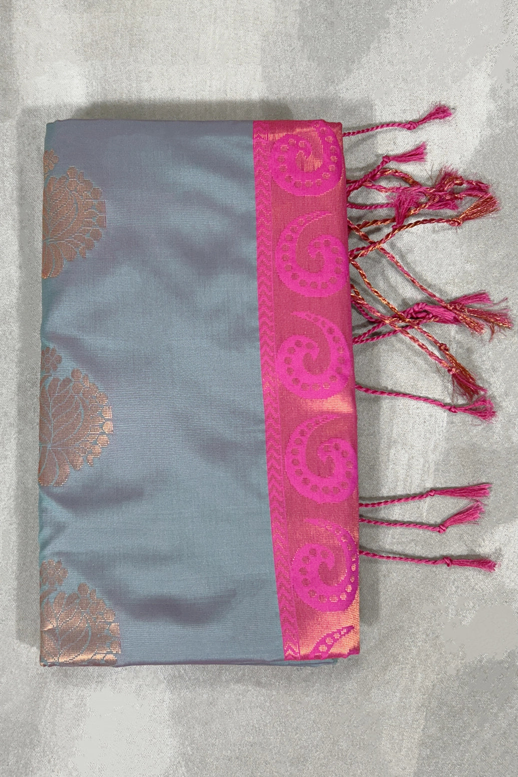 Soft Silk Saree in Grey with Contrast Pink Border, Gold Zari Buttas & Traditional Floral Weave