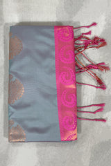 Soft Silk Saree in Grey with Contrast Pink Border, Gold Zari Buttas & Traditional Floral Weave