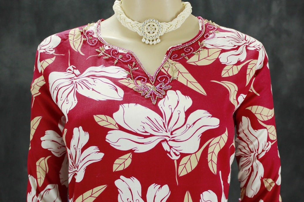 Vivid Maroon Rayon Two-Piece Kurti Set with Beaded Neck Design
