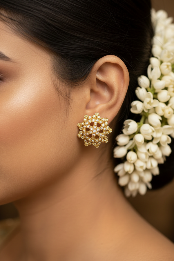 Antique Gold Floral Stud Earrings - Gold-Tone Flower Cluster Studs
