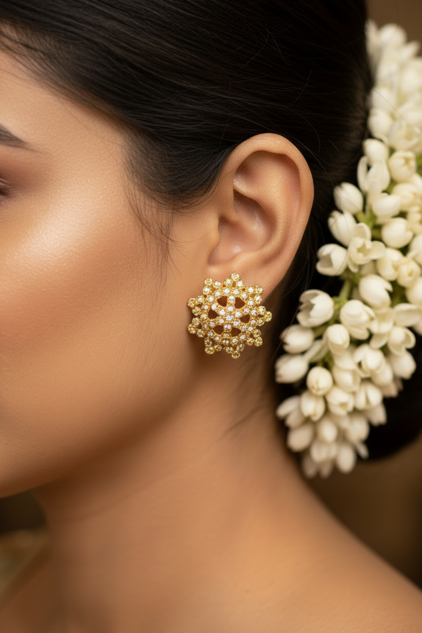 Antique Gold Floral Stud Earrings - Gold-Tone Flower Cluster Studs