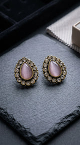 Light Pink Teardrop Halo Stud Earrings with Gold-Tone Crystal Border for Women