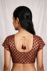 Maroon Readymade Padded Saree Blouse with V-Neck, Floral Weave, Short Sleeves & Back Tie
