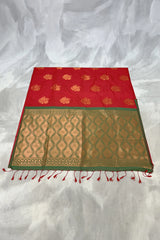 Red Korvai Soft Silk Saree with Gold Zari Buttas and Floral Border, Blouse Included