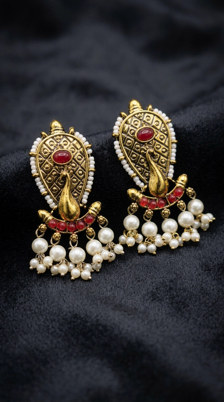 Red Oval Stone Pearl Drop Traditional Gold-Tone Statement Earrings for Women (2 inch)