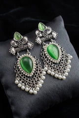 Green Teardrop Stone Oxidized Silver-Tone Pearl Drop Earrings for Festive Wear