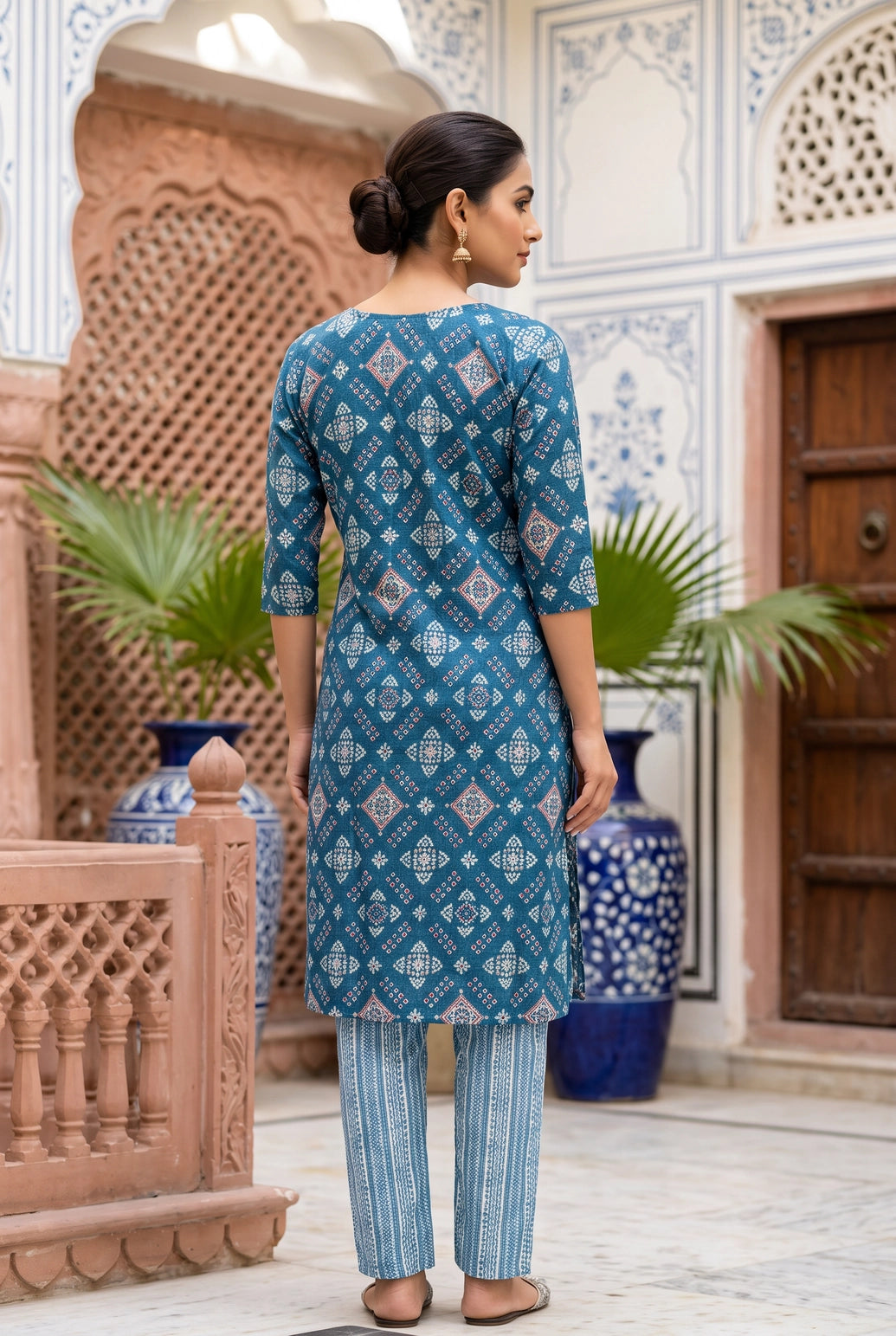 Teal Blue Rayon 2-Piece Kurti with Elastic Pant, Geometric Foil Print, Round Neck, 3/4 Sleeves
