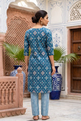 Teal Blue Rayon 2-Piece Kurti with Elastic Pant, Geometric Foil Print, Round Neck, 3/4 Sleeves