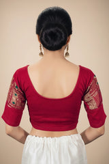Pink Stretchable Readymade Designer Blouse with Puff Sleeves and Zari Motifs, Fully Stitched, Elbow Length