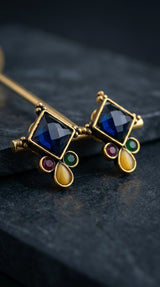 Navy Blue & Multi Colour Stone Stud Drop Earrings with Gold-Tone Ethnic Design