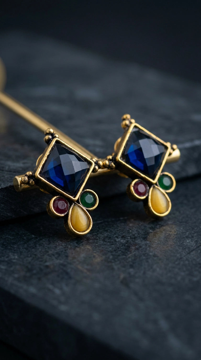 Navy Blue & Multi Colour Stone Stud Drop Earrings with Gold-Tone Ethnic Design