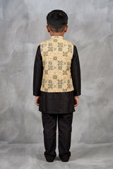 Boys Mustard Yellow Koti Kurta Set with Printed Sleeveless Koti, Kurta and Pants for Festive Traditional Wear