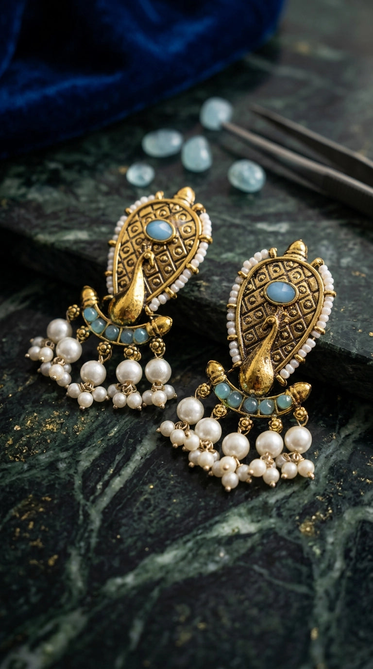 Sea Blue Oval Stone Antique Gold-Tone Jhumka Earrings with Pearl Drops, Traditional Ethnic Party Wear