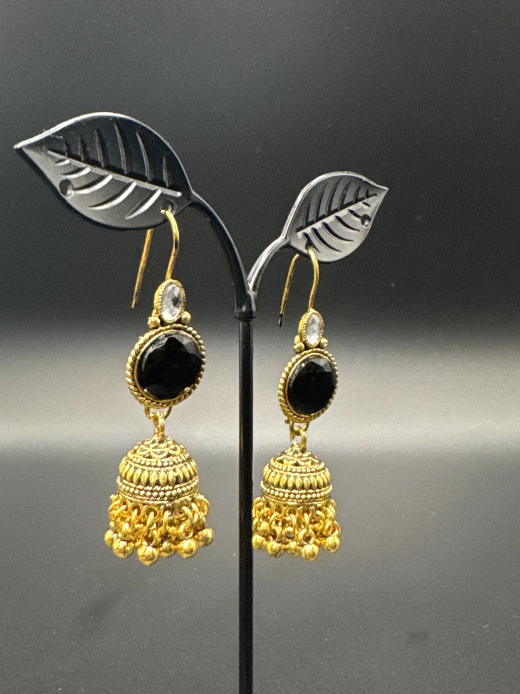 Antique Gold-Tone Jhumka Earrings with Black Stone Centre - 2.25 inch