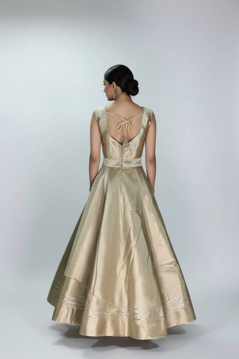 Gold-Tone Silk Lehenga with Silver Stripe Border and Sleeveless High-Neck Blouse, Back Tie-Up