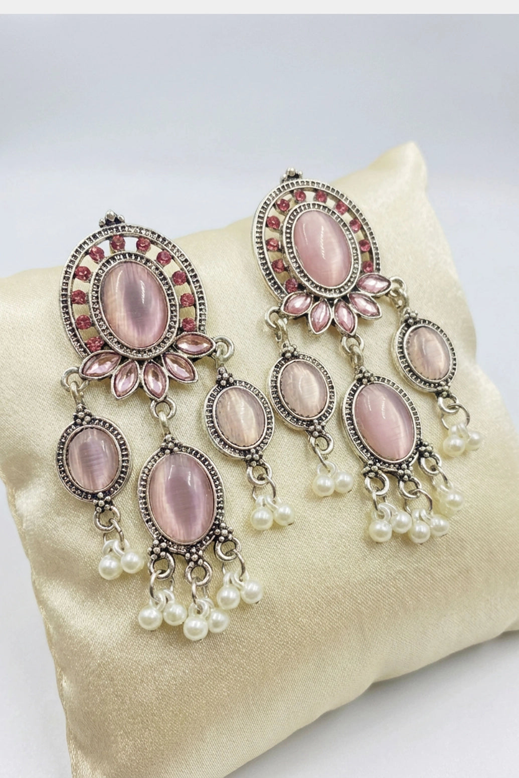 Light Pink Oval Stone Oxidized Silver-Tone Fashion Earrings with Pearl Bead Drops for Women