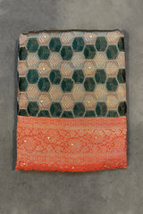 Bottle Green Cotton Organza Designer Saree with Floral Pallu Stone Work, Red Border and Blouse