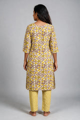 Women’s Yellow Floral Cotton Kurti with Chevron Panel Details & Elastic Pant Set