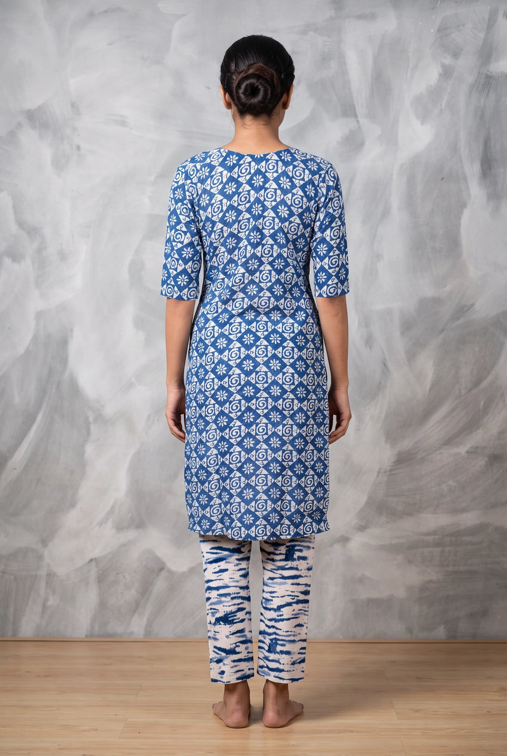Indigo Blue Rayon Printed Kurti with Pant Set, V-Neck & Button Detail, All-Over Floral Swirl Pattern