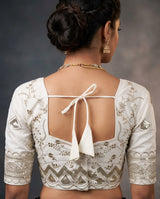 White Designer Padded Blouse with Embroidery & Sequence Work, Elbow Sleeves, Back Knot, Readymade for Saree