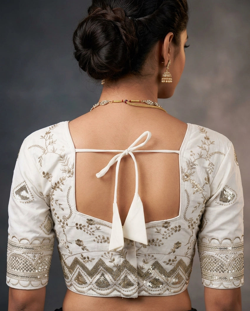 White Designer Padded Blouse with Embroidery & Sequence Work, Elbow Sleeves, Back Knot, Readymade for Saree