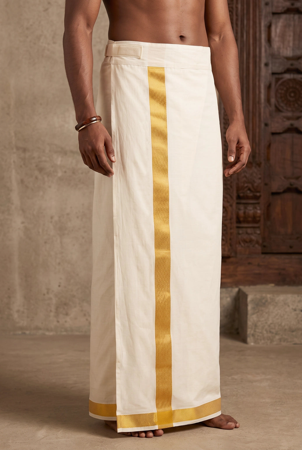 Men White Art Silk Panchakacham Dhoti (Ready-to-Wear) with Velcro Waist