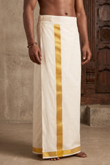 Men White Art Silk Panchakacham Dhoti (Ready-to-Wear) with Velcro Waist
