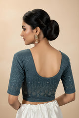 Grey Embellished Readymade Blouse with Stone Work, Elbow Sleeves, Fully Stitched for Women