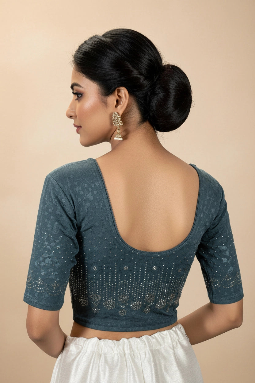 Grey Embellished Readymade Blouse with Stone Work, Elbow Sleeves, Fully Stitched for Women