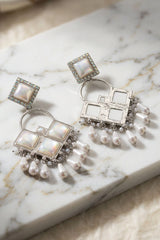 White Pearl Drop Fashion Earrings in Silver Tone with Square Stud and Iridescent Stone Dangles