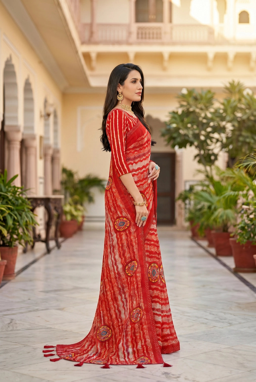 Orange Georgette Saree with Striped Motifs and Contrast Border | Full Siroski Work Printed Ethnic Wear